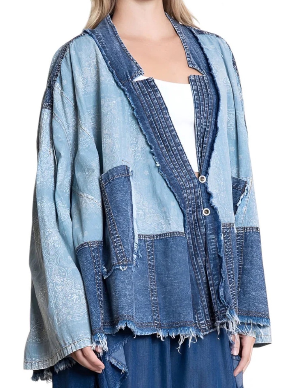 NWT Blue Velvet Light Blue Patchwork Cotton Jacket Boxy Fit Bell Sleeves‎ Small